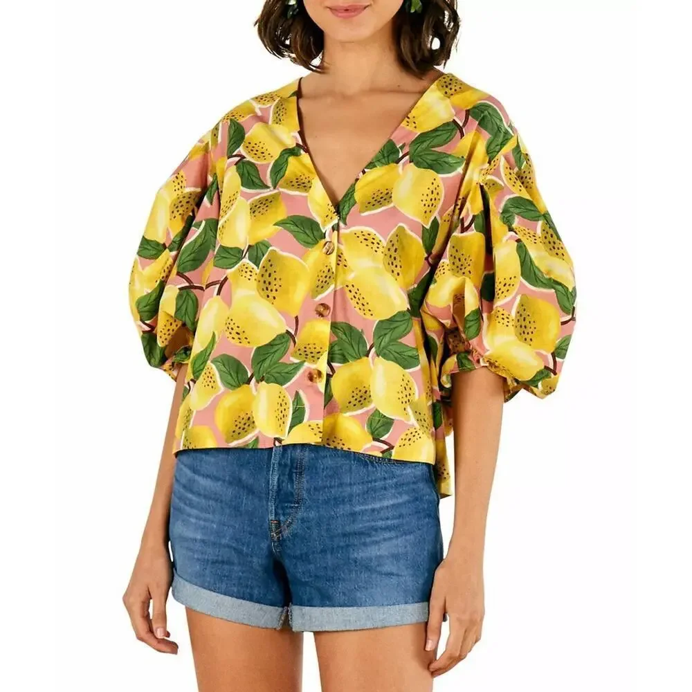 Farm Rio Top Lemons Puff Sleeve Short Shirt XS 0 2 Button Cotton Boxy Blouse Top